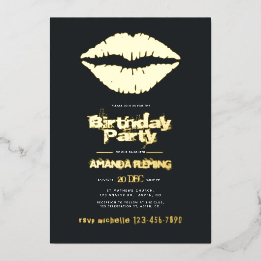 ブラックおよび金ゴールド誕生日フォイル招待状 箔招待状 (正面)