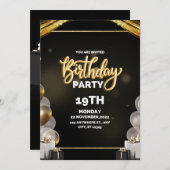 ブラックおよび金ゴールド誕生日招待状 招待状 (正面/裏面)