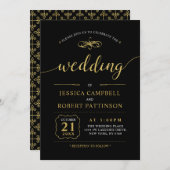 ブラックおよび金ゴールド エレガント|結婚クラシック式 招待状 (正面/裏面)