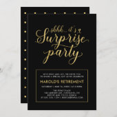 ブラックおよび金ゴールド |サプライズモダンリタイアパーティー 招待状 (正面/裏面)