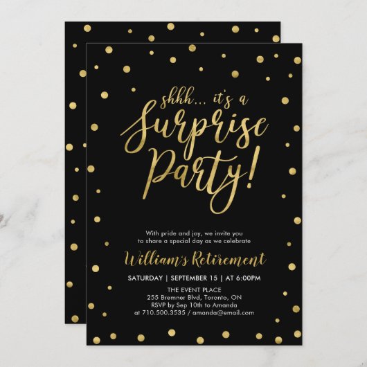 ブラックおよび金ゴールド |サプライズモダンリタイアパーティー 招待状 (正面/裏面)