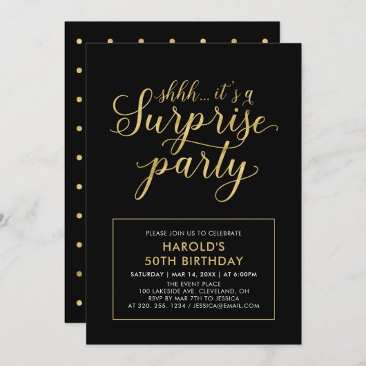 ブラックおよび金ゴールド |サプライズモダン50thバースデーパーティー 招待状 (正面/裏面)