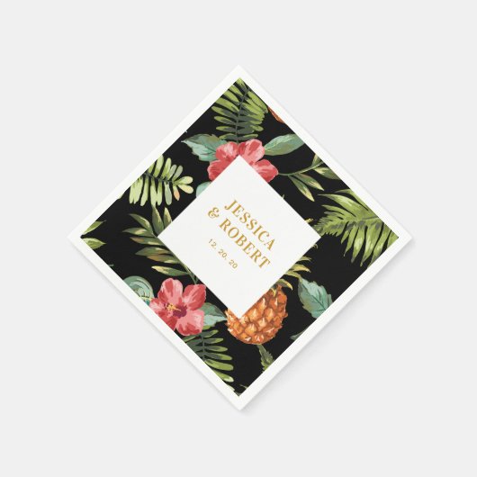 ブラックおよび金ゴールド |熱帯夏結婚のナプキン スタンダードカクテルナプキン (角)