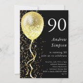 ブラックおよび金ゴールド |第90グリッターバルーン誕生日 招待状 (正面)