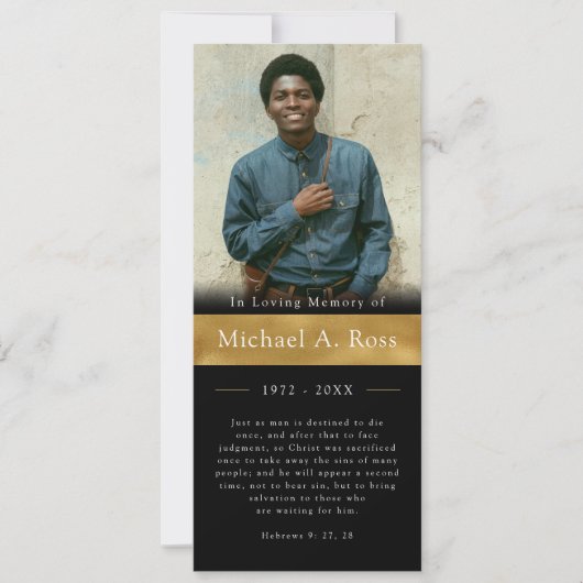 ブラックおよび金ゴールド |葬儀フォトメモリアル祈りの言葉カード 招待状 (正面)