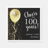 ブラックおよび金ゴールド | 100グリッターバルーン誕生日 スタンダードカクテルナプキン (正面)