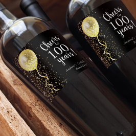 ブラックおよび金ゴールド | 100グリッターバルーン誕生日 ワインラベル