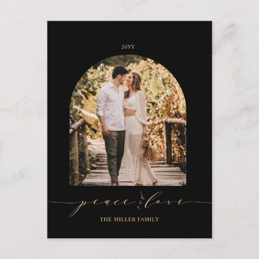 ブラックおよび金ゴールド | Peace and Love Christmas Photo Holi シーズンポストカード (正面)