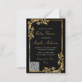 ブラックおよび金ゴールドQRコード男の赤ちゃんシャワー招待状 ノートカード (正面)