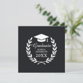 ブラックお洒落卒業式ローレルリーススクールエンブレム サンキューカード (スタンド正面)