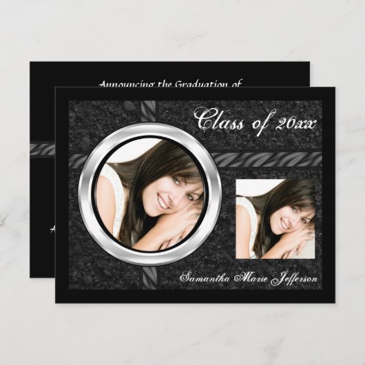ブラックお洒落/クロムフレームの卒業発表 招待状 (正面/裏面)