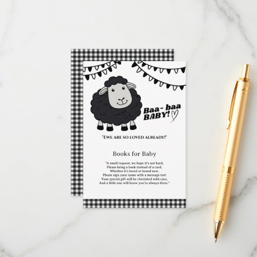 ブラックかわいいリトルラムベビーシャワー エンクロージャーカード (正面/裏面インサイチュ)