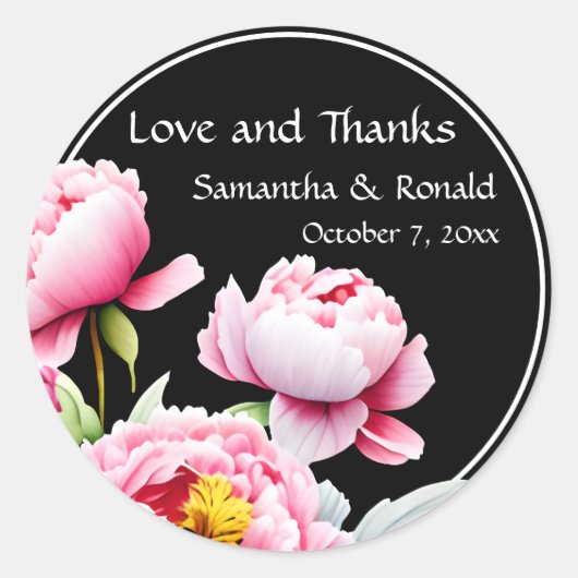 ブラックかわいらしズのピンクの牡丹結婚たち ラウンドシール (正面)