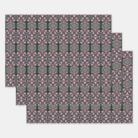 ブラックかわいらしティール（緑がかった色）とピンクシート紙ギフトラップ ラッピングペーパーシート (セット)