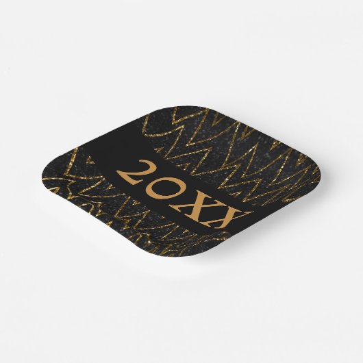 ブラックきらめくとシェブロン | カスタム金ゴールド新年 ペーパープレート (傾斜あり)