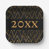 ブラックきらめくとシェブロン | カスタム金ゴールド新年 ペーパープレート (正面)