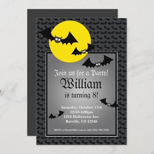 ブラックこうもりハ不気味ロウィーンバースデーパーティー招待状 招待状 (正面/裏面)