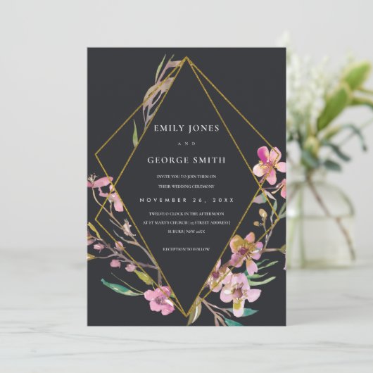 ブラックさくらんぼ花フローラフレームウェディングイベント サンキューカード (スタンド正面)