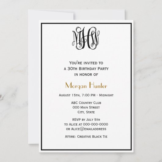 ブラックつる植物スクリプトモノグラムB&G DIY BG誕生日 招待状 (正面)