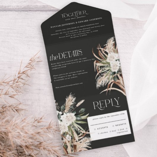ブラックでラスティックなパンパスとユーカリの結婚式 オールインワン招待状