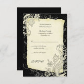 ブラックとアイボリーの花柄 ウェディング返信カード 出欠カード (正面/裏面)