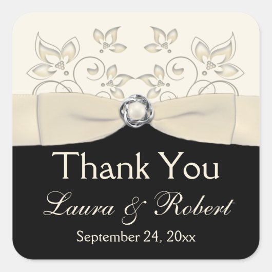 ブラックとアイボリーフローラありがとうステッカー スクエアシール (正面)
