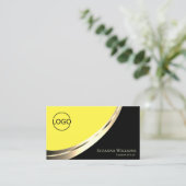 ブラックとイエローのシックな金ゴールドデコールとロゴ&フォト 名刺 (スタンド正面)