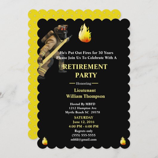 ブラックとイエローの消防士定年パーティー 招待状 (正面/裏面)