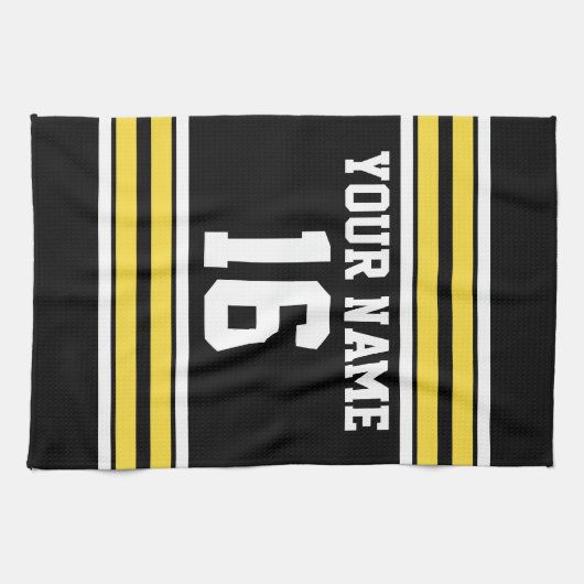 ブラックとイエローホワイトストライプズのチームジャージー キッチンタオル (横)