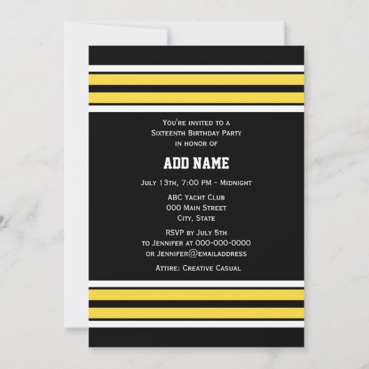 ブラックとイエローホワイトストライプズのチームジャージー 招待状 (裏面)
