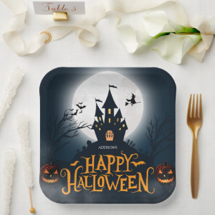 ブラックとオレンジのイラストでハッピーなハロウィン ペーパープレート