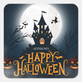 ブラックとオレンジのイラストでハッピー ハロウィン スクエアシール