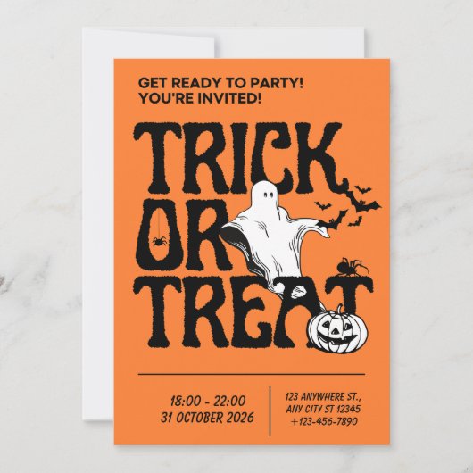 ブラックとオレンジのシンプルなハロウィーンのトリックオアトリートパーティーの招待状 招待状 (正面)