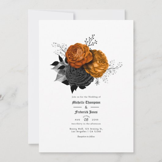 ブラックとオレンジの花モチーフ ゴシックウェディング 招待状 (正面)