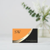 ブラックとオレンジの金ゴールドデコールとモノグラムモダン 名刺 (スタンド正面)