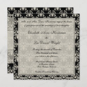 ブラックとクリーム ヴィンテージ ダマスクレース 結婚式招待状 招待状 (正面/裏面)
