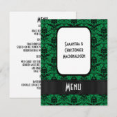 ブラックとグリーンのダマスクフォーマルウェディングメニュー 招待状 (正面/裏面)
