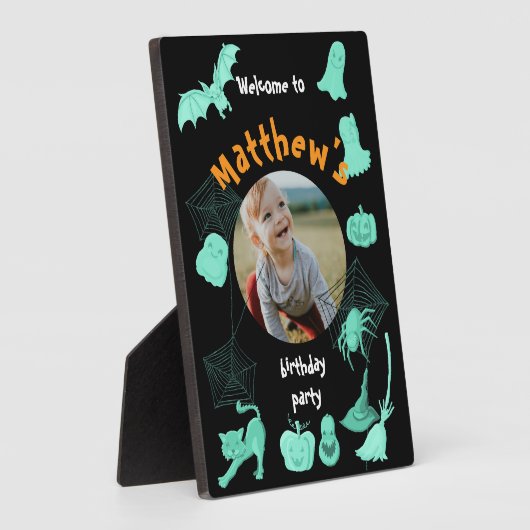 ブラックとグリーンのハロウィーンの誕生日パーティーへようこそ フォトプラーク (側面)