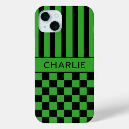 ブラックとグリーンの市松模様ストライプ オーダーメイド iPhone 15 MINIケース