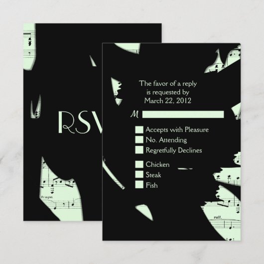 ブラックとグリーンの抽象音楽　出欠確認付　メニュー選択権付き 出欠カード (正面/裏面)