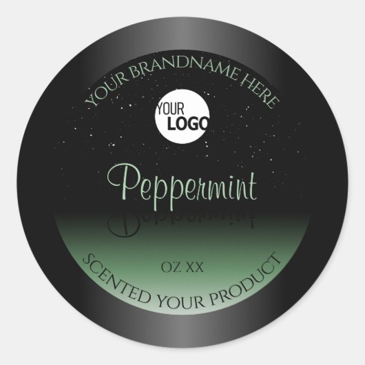 ブラックとグリーンの製品ラベル ソフト グリッター ロゴ ラウンドシール (正面)