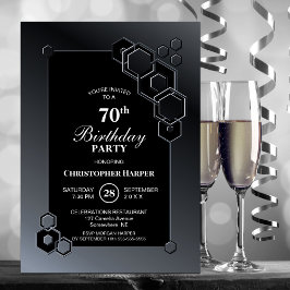 ブラックとグレーの幾何学模様の70歳の誕生日パーティー 招待状