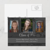 ブラックとグレーの3枚の写真の卒業記念Save the Date 案内ポストカード (正面/裏面)