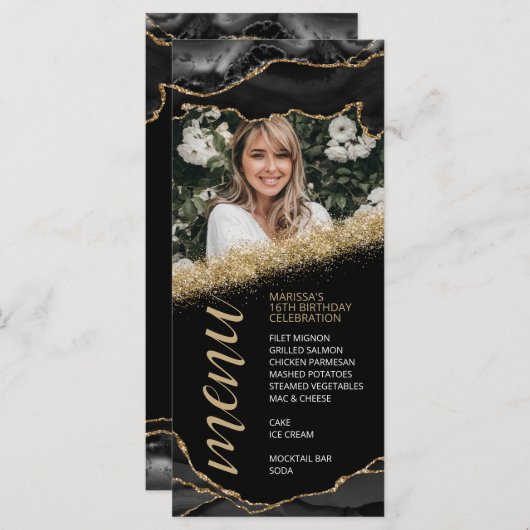ブラックとゴールドのアゲート写真メニューカード メニュー (正面/裏面)