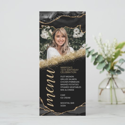ブラックとゴールドのアゲート写真メニューカード メニュー (スタンド正面)