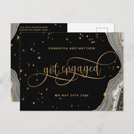 ブラックとゴールドのアゲート、婚約しました、婚約のお知らせ 案内ポストカード (正面/裏面)