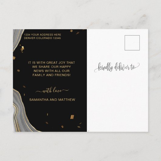 ブラックとゴールドのアゲート、婚約しました、婚約のお知らせ 案内ポストカード (裏面)