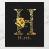 ブラックとゴールドのアルファベットHのひまわり ワインラベル (シングルラベル)