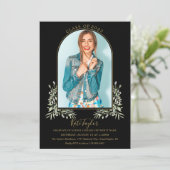 ブラックとゴールドのアーチの葉の写真 卒業パーティー 招待状 (スタンド正面)