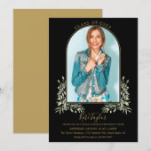 ブラックとゴールドのアーチの葉の写真 卒業パーティー 招待状 (正面/裏面)